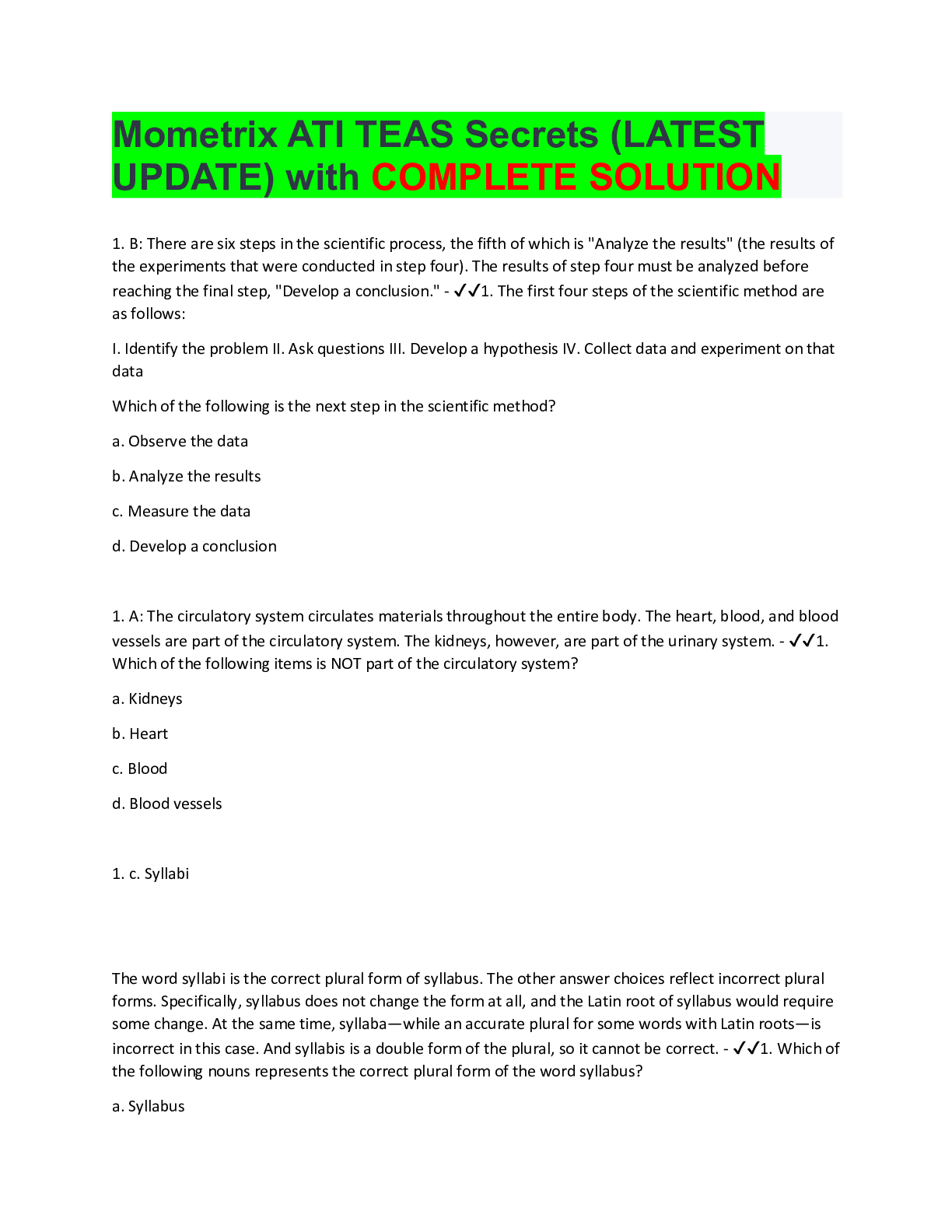 Preview of Mometrix ATI TEAS Secrets (LATEST UPDATE) with COMPLETE SOLUTION
